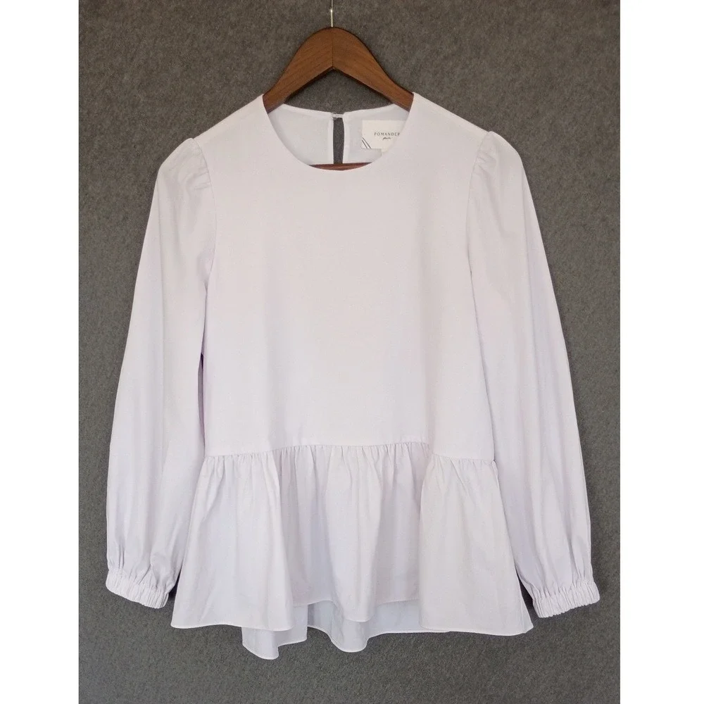 Tuckernuck Pomander Place White Peplum Long Sleeve Puff Sleeve Blouse Top XS